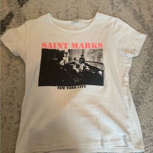 Brandy Melville White Graphic Tee with Pink and Black Print